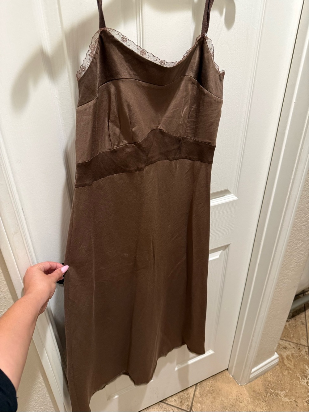 Brazeau Tricot Silk blend Slip Dress in Shimmery Brown & lace detail SZ 1